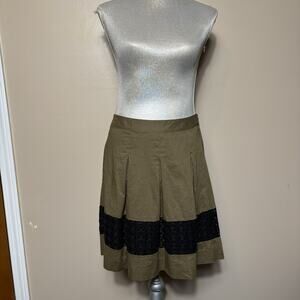 Ann Taylor LOFT Olive A-Line Skirt Black Lace Panel Size 0 Office Fall Earthy